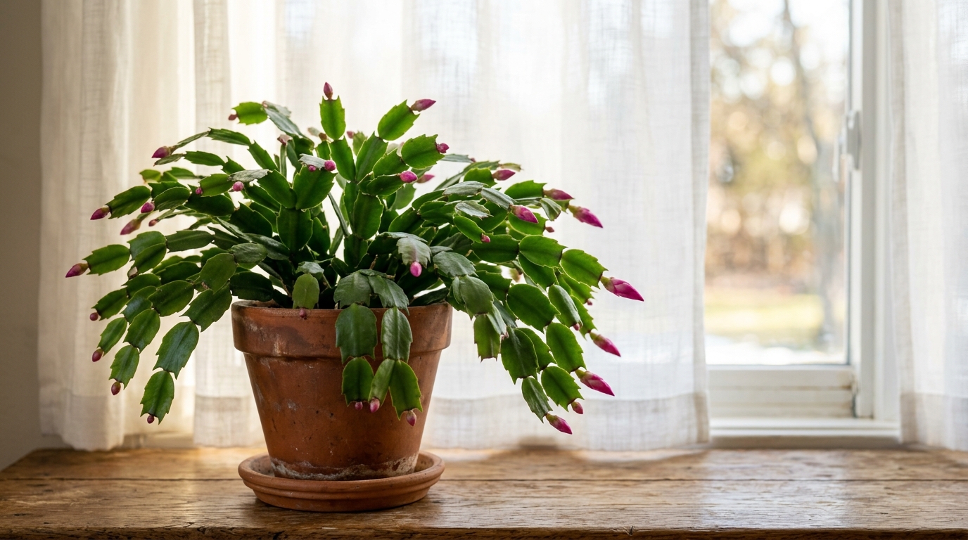 Cactus de Noël placé près d'une fenêtre avec une lumière indirecte tamisée