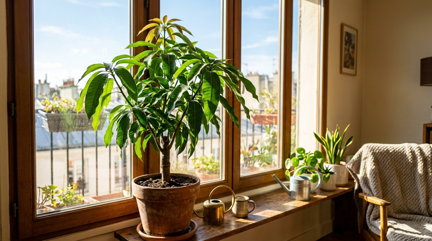 Manguier en pot placé devant une fenêtre ensoleillée orientée plein sud
