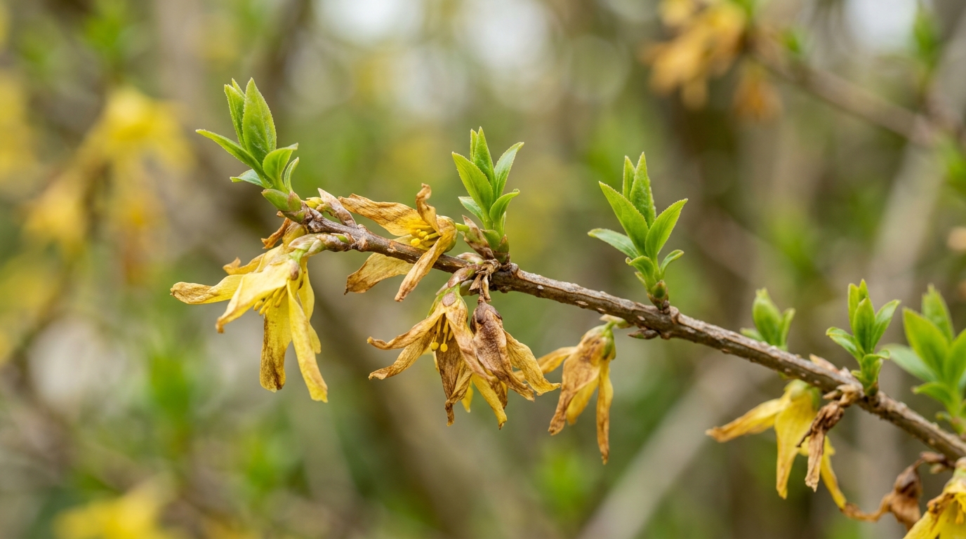Branche de forsythia après la floraison avec apparition de nouveaux bourgeons verts