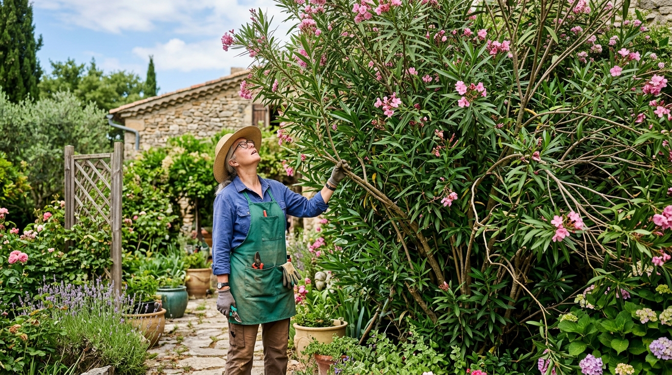 Jardinier observant un laurier rose devenu trop haut avant de commencer la taille