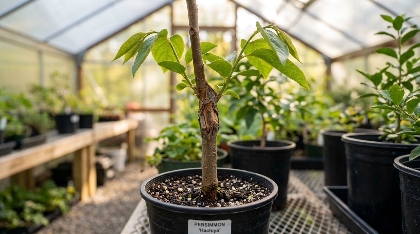 Jeune plant de plaqueminier greffé en pépinière