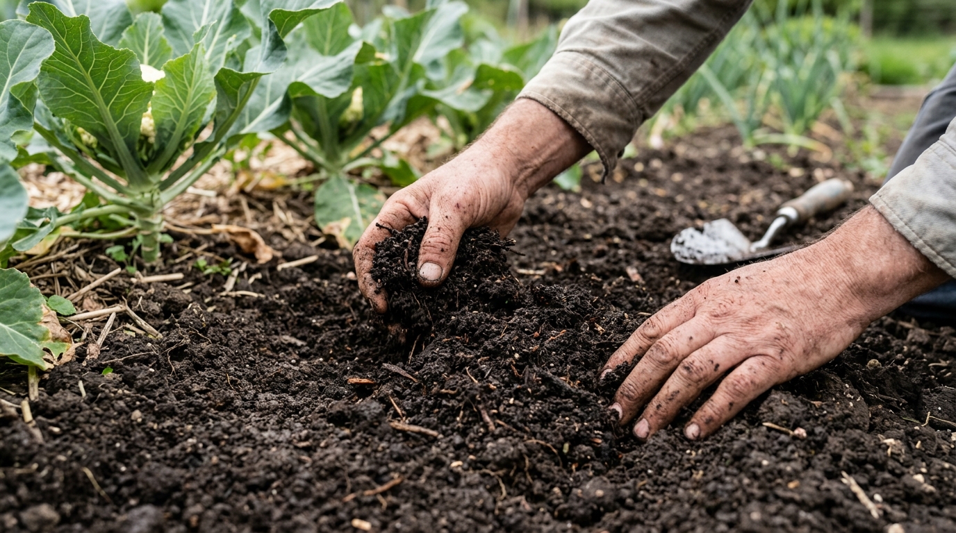 Préparation du sol avec du compost riche pour la culture du chou-fleur