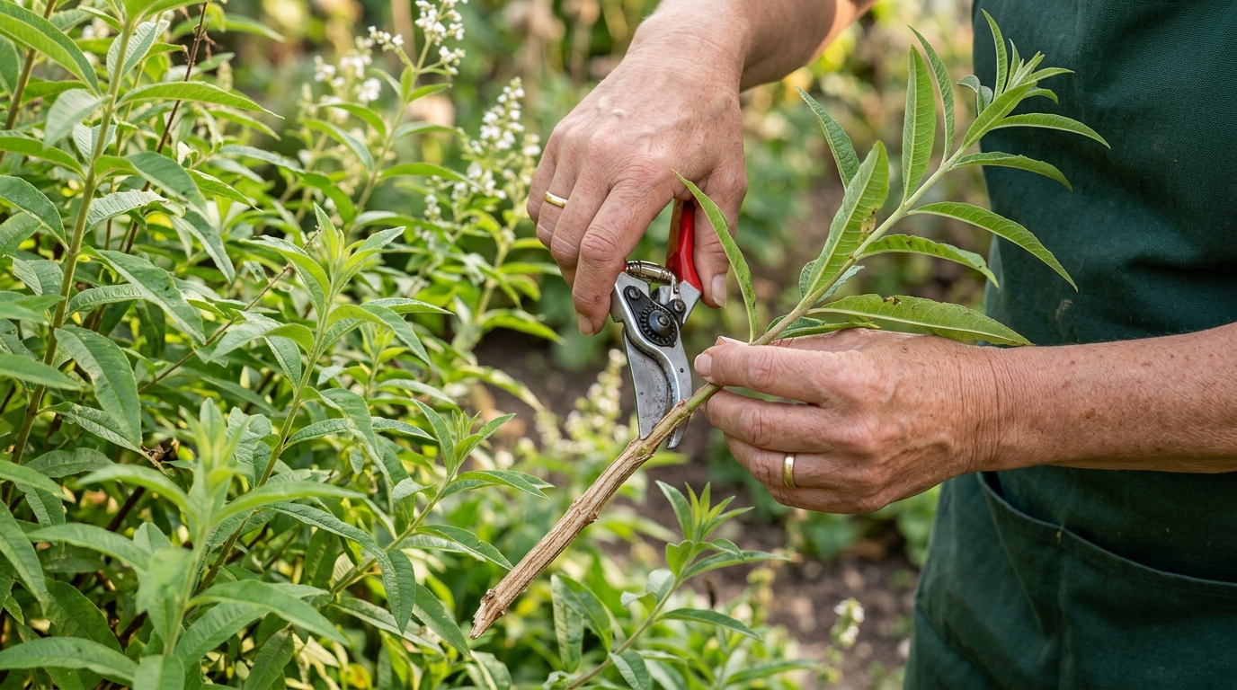 Sélection d'une tige semi-aoûtée de verveine citronnelle par un jardinier