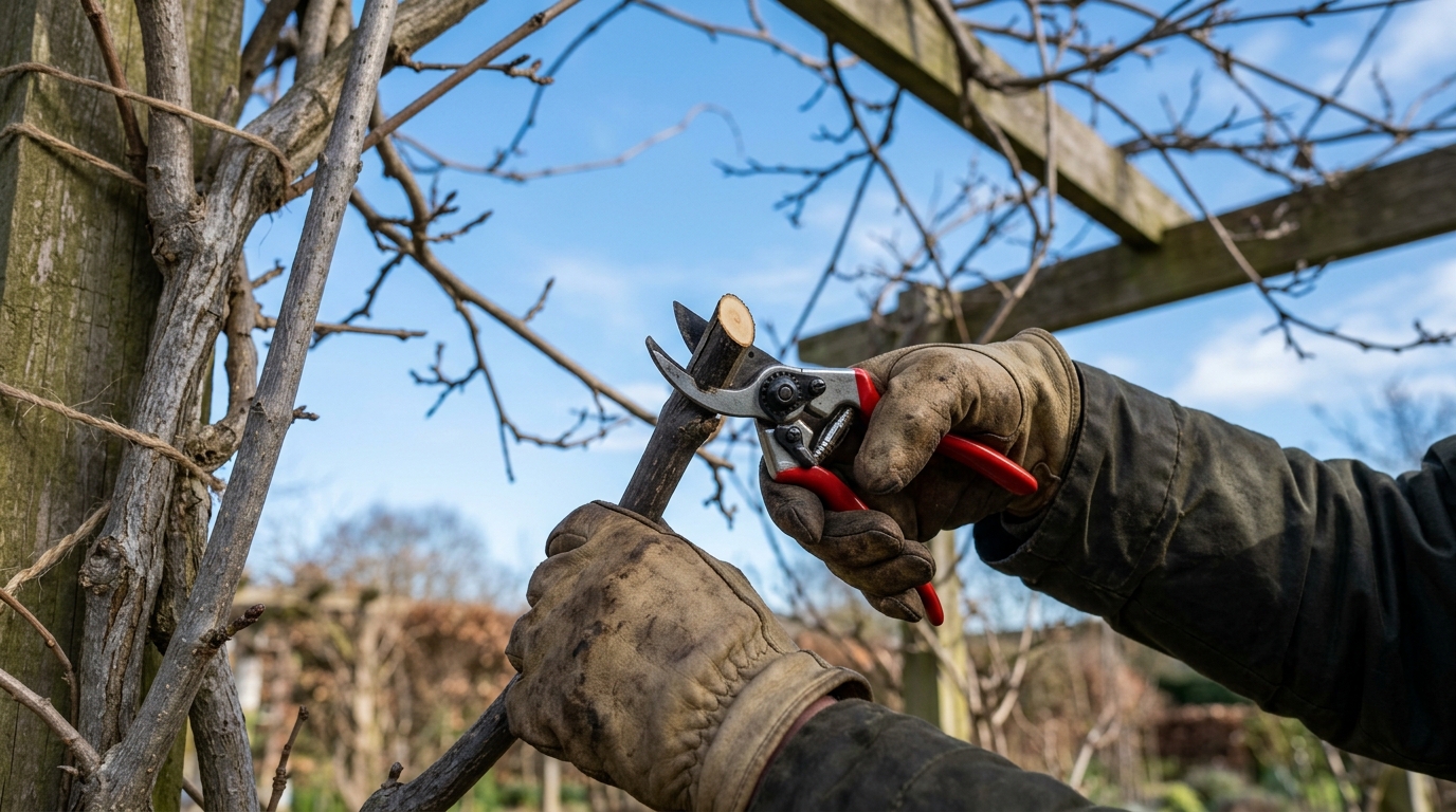 Jardinier taillant une vigne dormante en hiver avec un sécateur