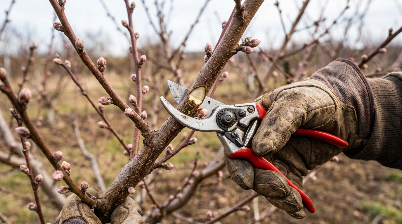 Jardinier utilisant un sécateur pour tailler une branche de pêcher en fin d'hiver