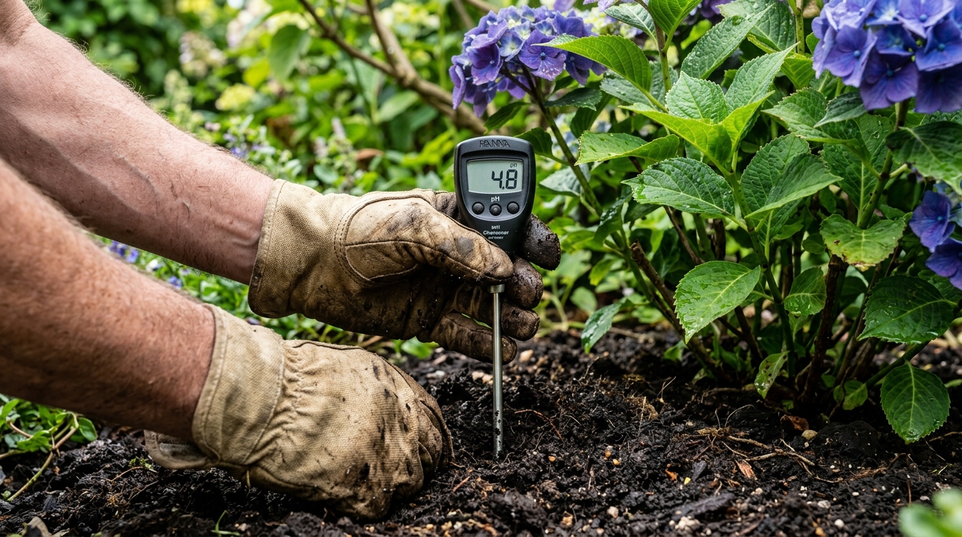 Testeur de pH du sol utilisé près d'un hortensia pour vérifier l'acidité