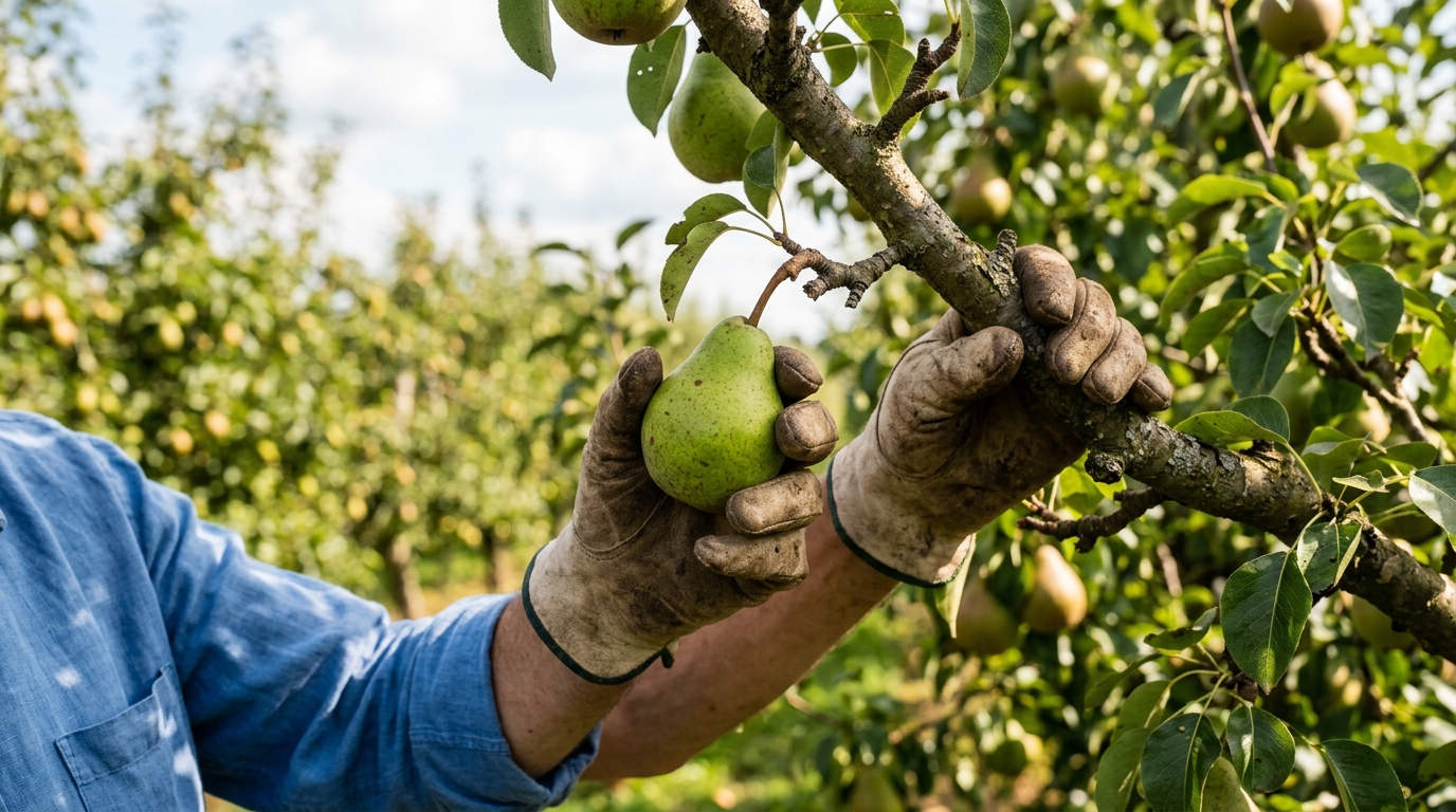 Mains de jardinier effectuant le test du quart de tour sur une poire