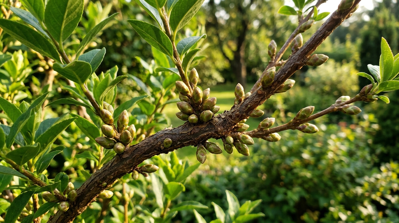 Bourgeons de forsythia se formant en été sur une branche saine