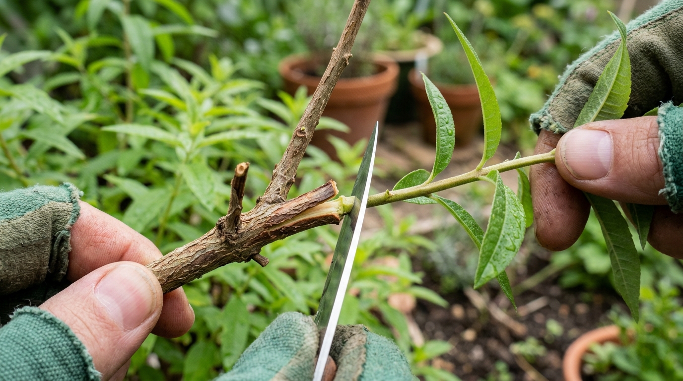Détail macro d'une bouture à talon de verveine citronnelle
