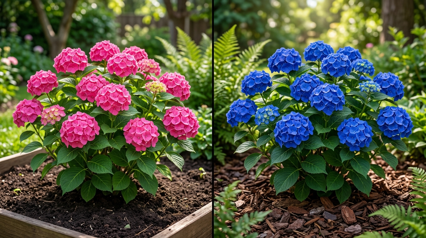 Comparaison entre un hortensia rose et un hortensia bleu