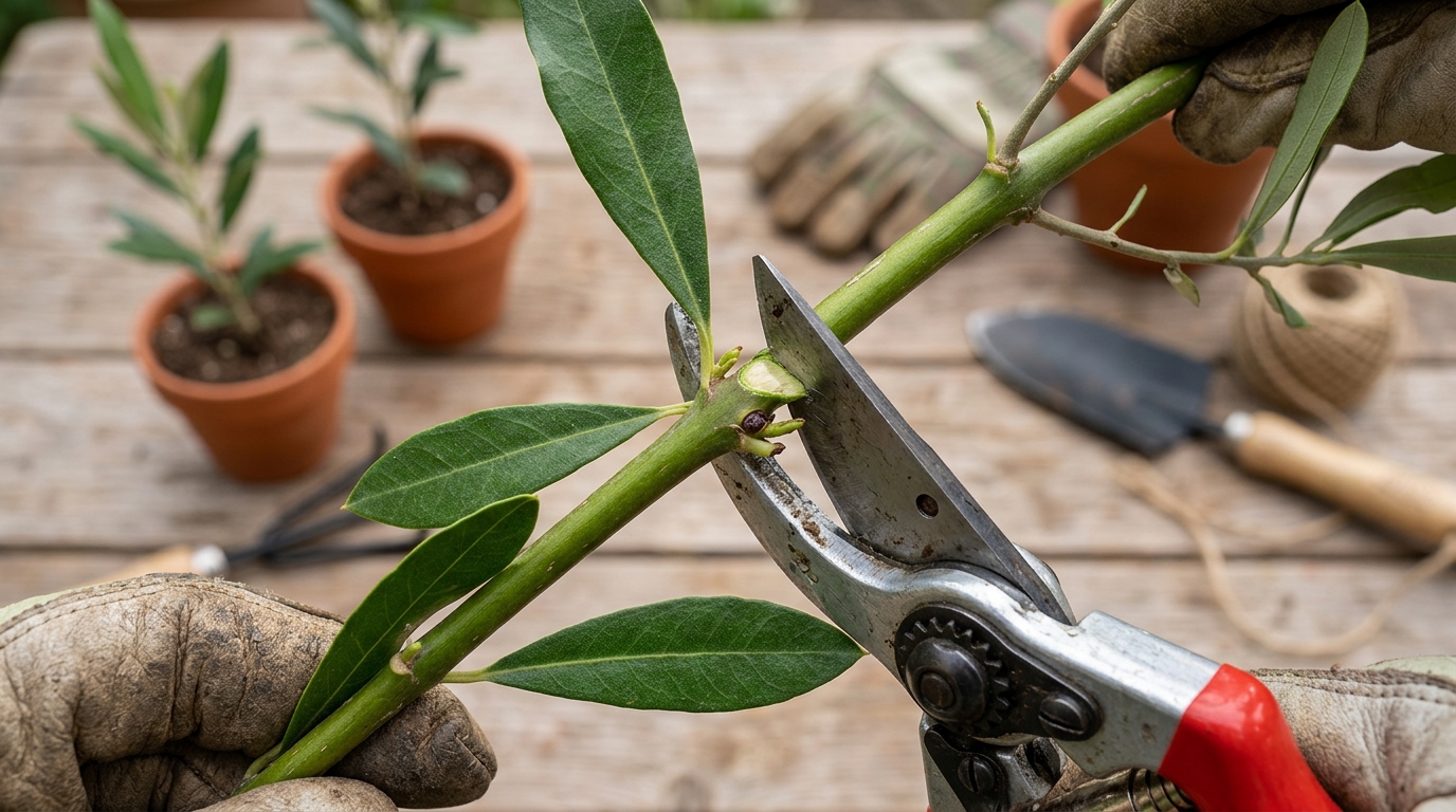 Coupe en biseau d'une bouture d'olivier avec un sécateur désinfecté
