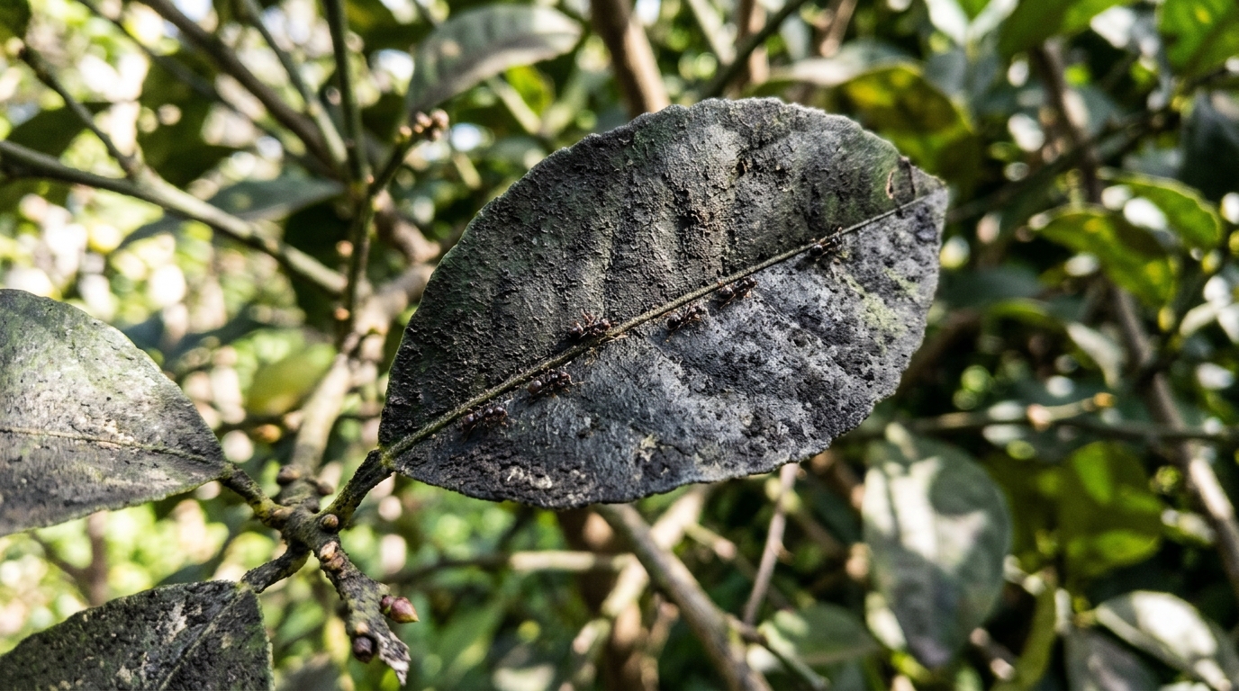 Feuille de citronnier recouverte de fumagine noire avec des fourmis