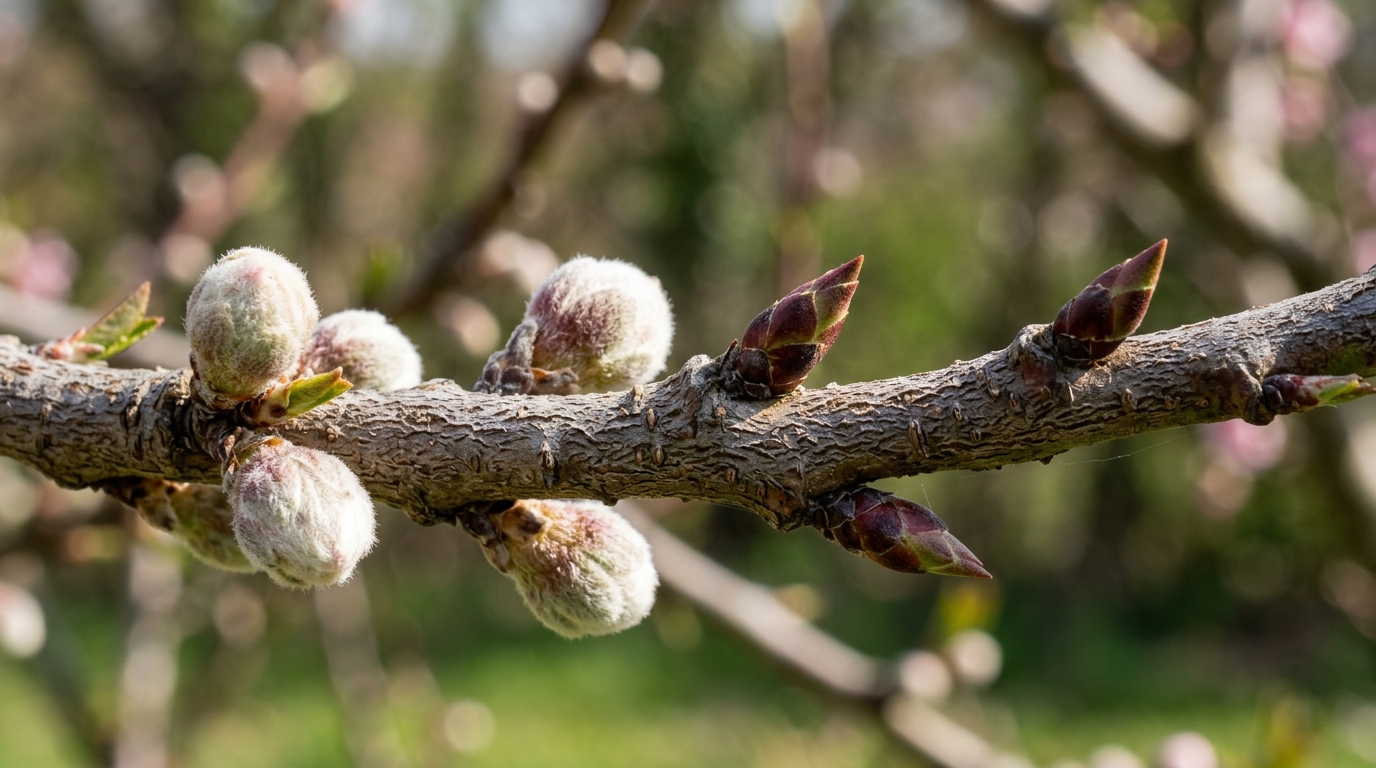 Gros plan sur les bourgeons à fleurs arrondis et les bourgeons à bois pointus d'un pêcher