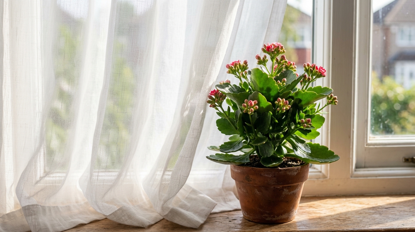 Kalanchoé recevant une lumière indirecte filtrée par un voilage blanc