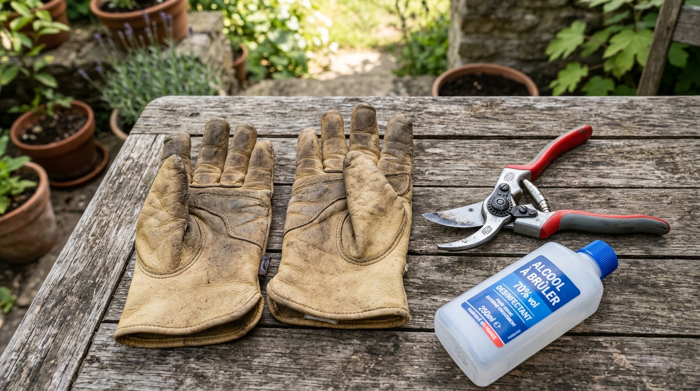 Matériel de taille pour laurier rose : sécateur affûté, gants de protection et désinfectant