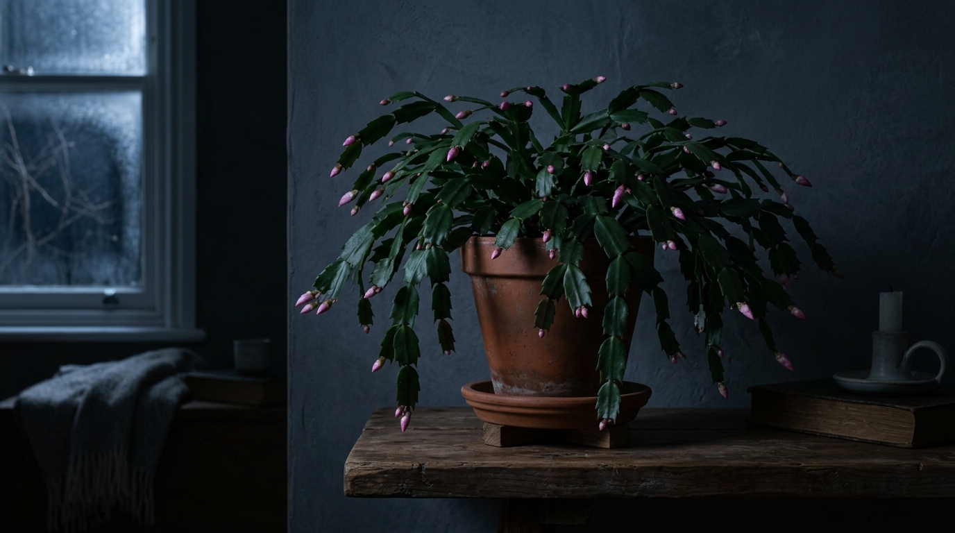 Boutons floraux de cactus de Noël se formant dans l'obscurité