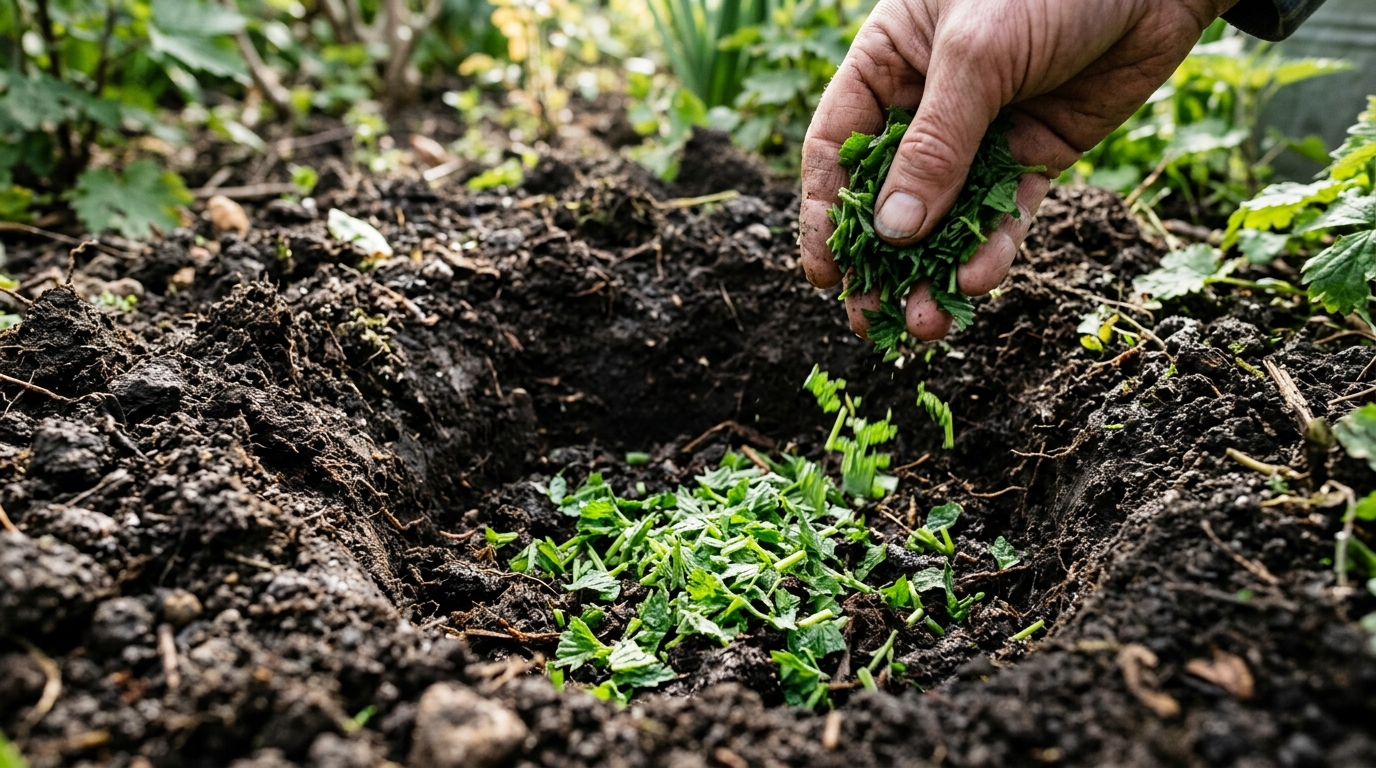 Feuilles d'orties hachées déposées au fond du trou pour l'azote