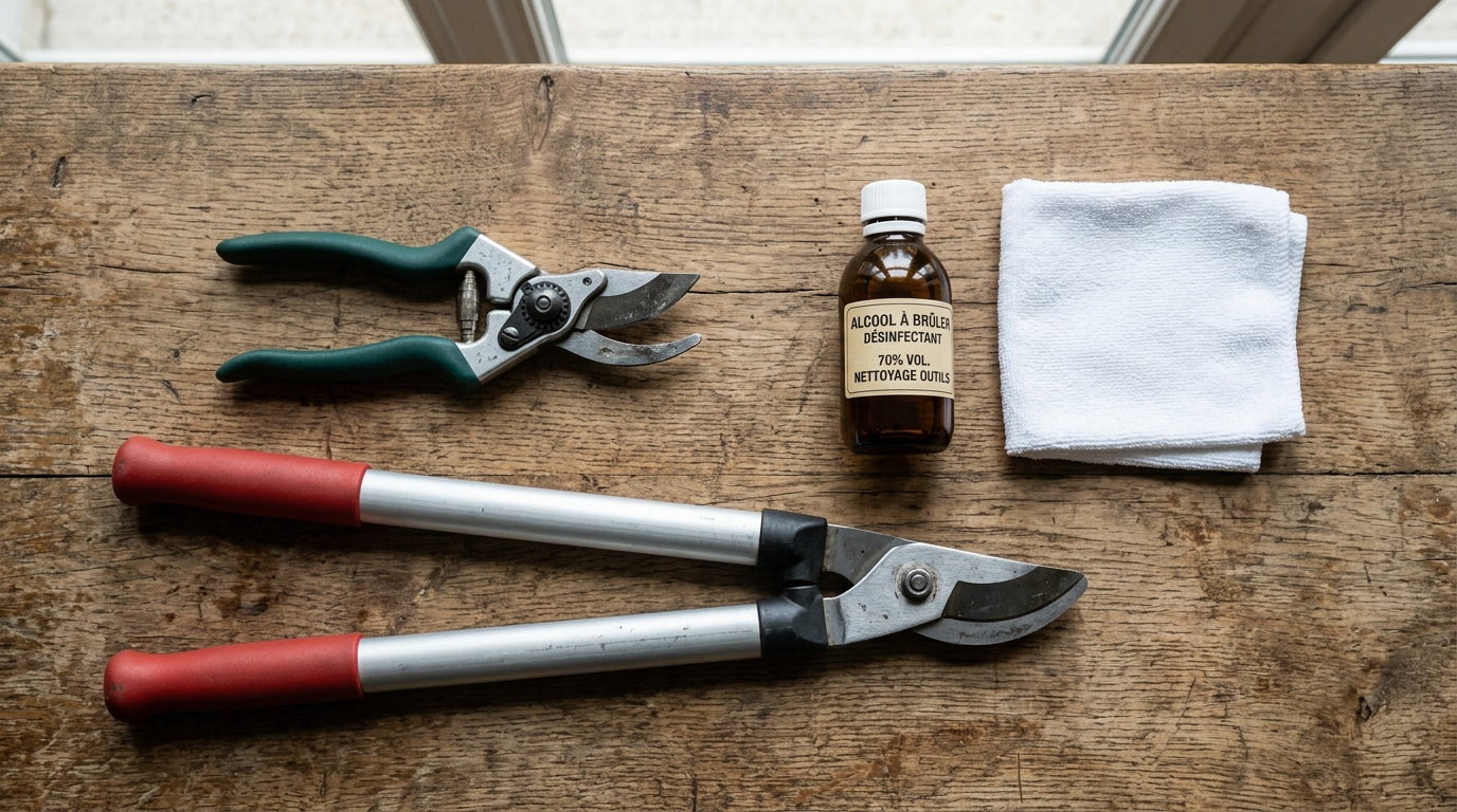 Outils de taille désinfectés et sécateur pour l'entretien de l'althéa
