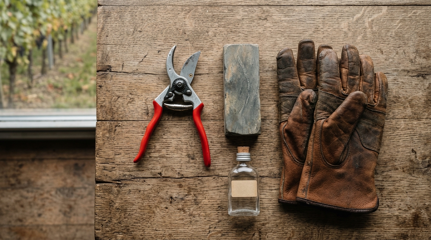 Outils de taille pour la vigne incluant sécateur, pierre à affûter et gants
