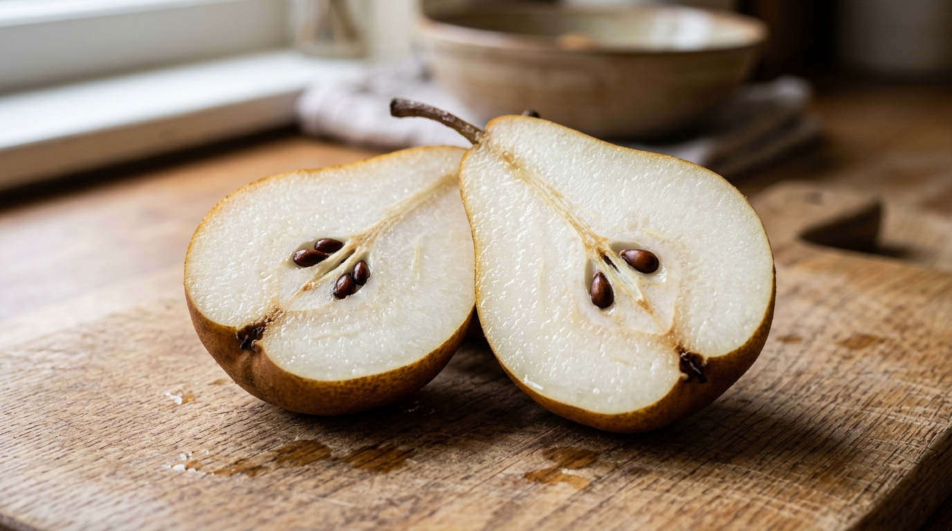 Poire coupée en deux montrant des pépins bruns foncés à maturité