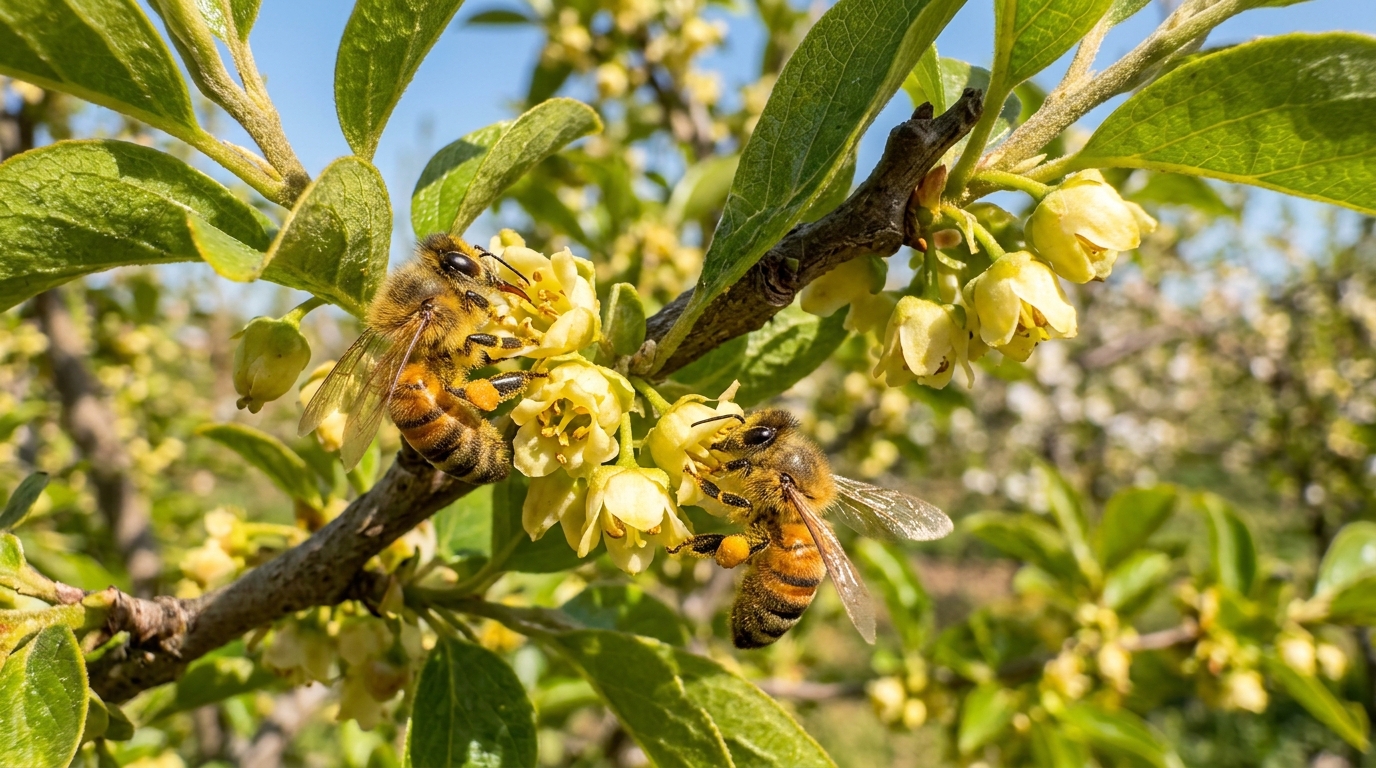 Abeilles pollinisant des fleurs de plaqueminier au printemps