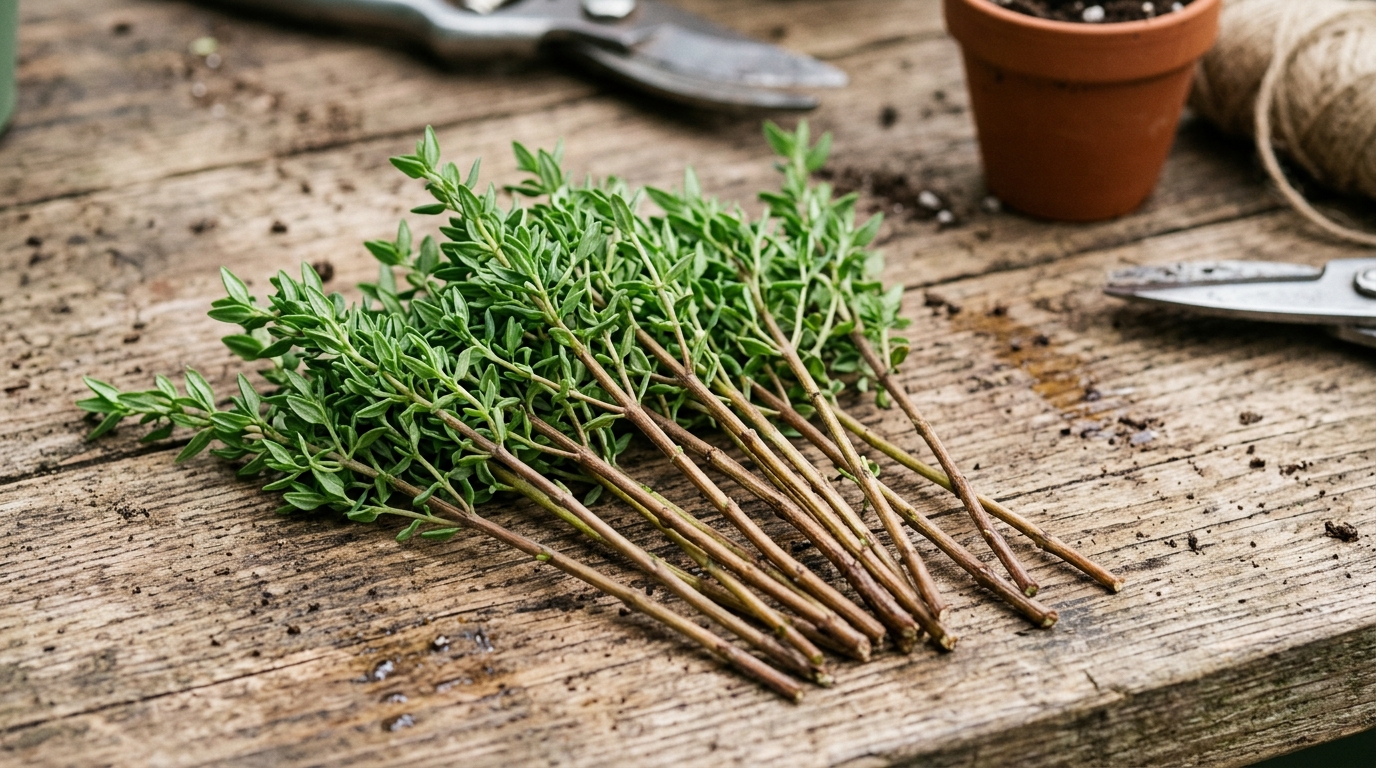 Tiges de thym préparées et effeuillées à la base pour la bouture