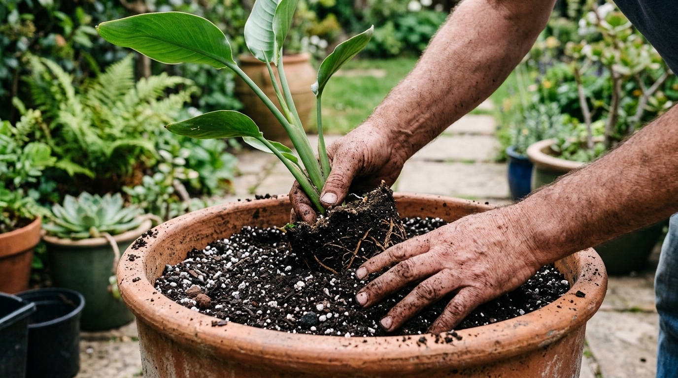 Mains de jardinier rempotant un jeune plant d'oiseau du paradis dans un pot en terre cuite