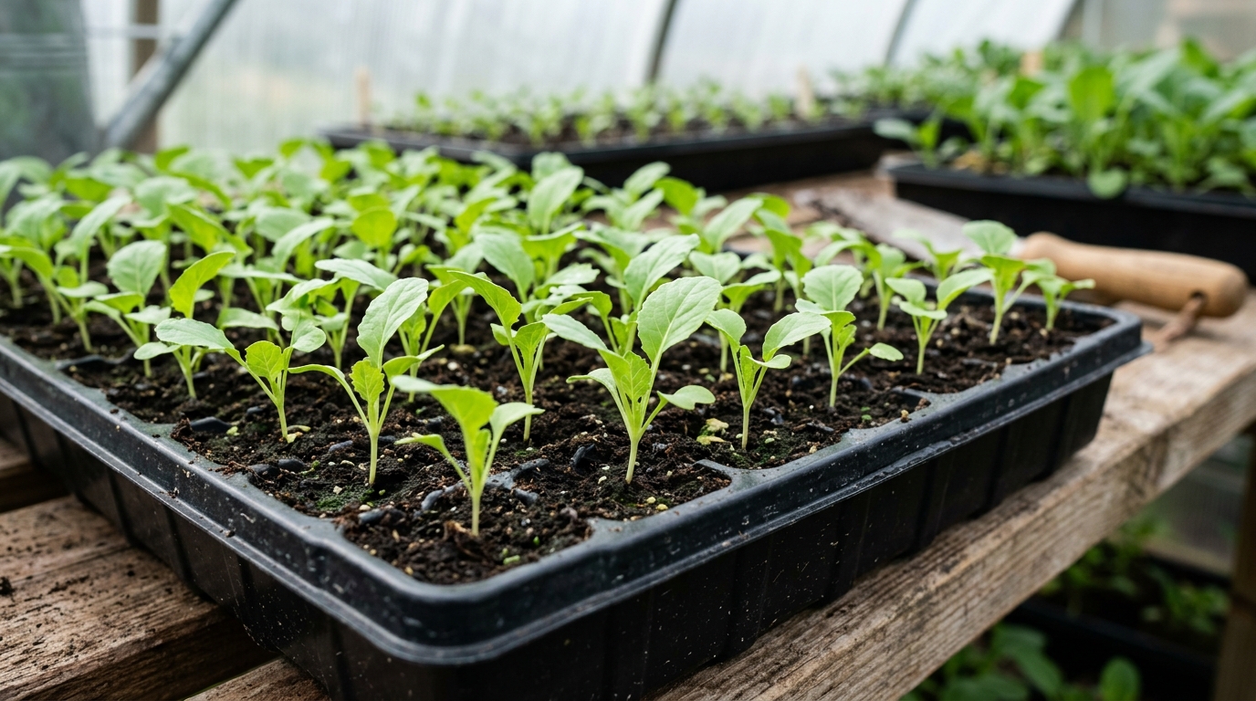 Jeunes plants de chou-fleur vigoureux en pépinière prêts à être repiqués