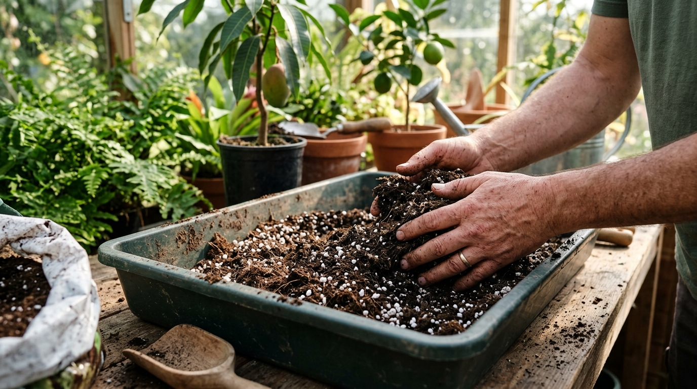 Préparation d'un terreau drainant et riche pour la culture du manguier