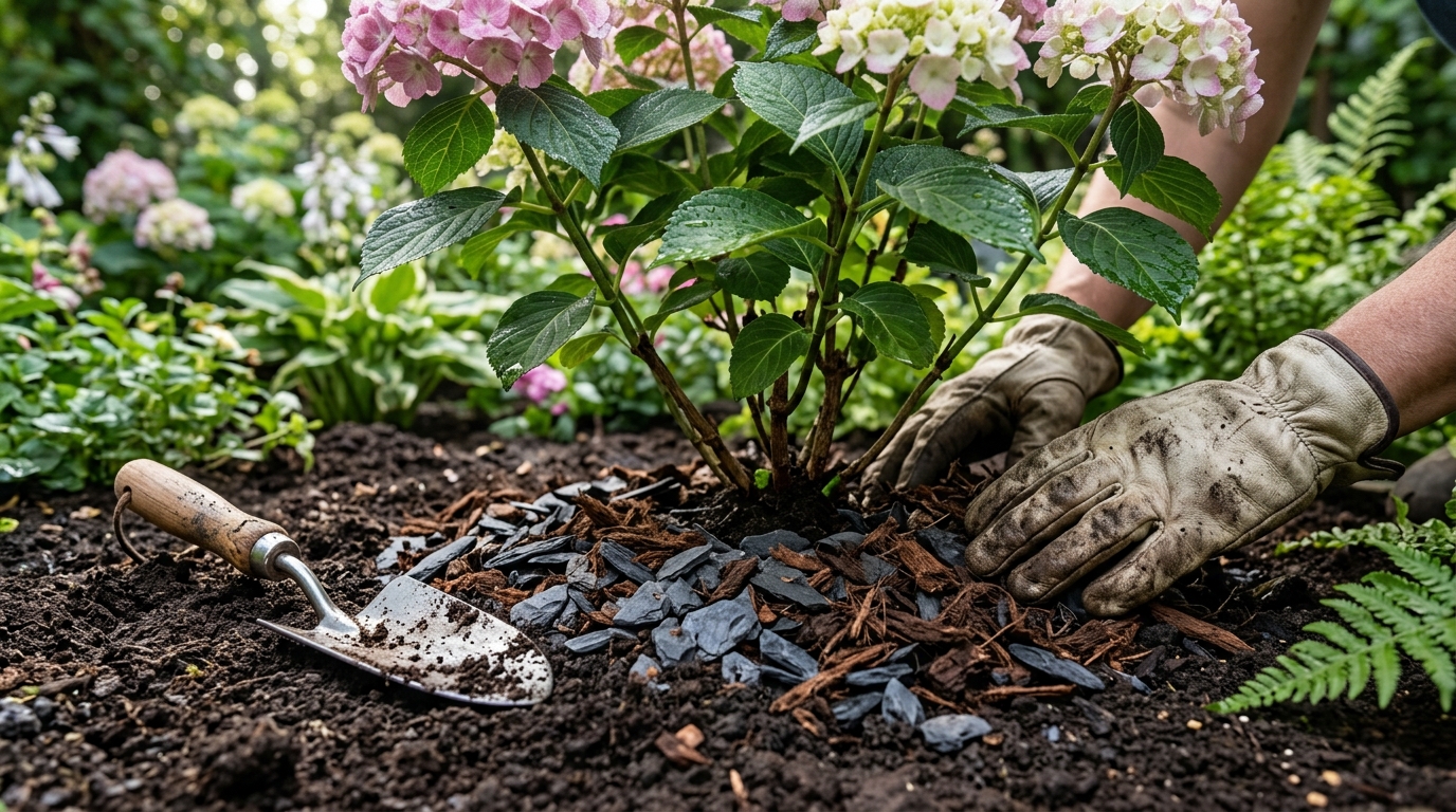 Application d'ardoise pilée et de paillage d'écorce de pin au pied d'un hortensia