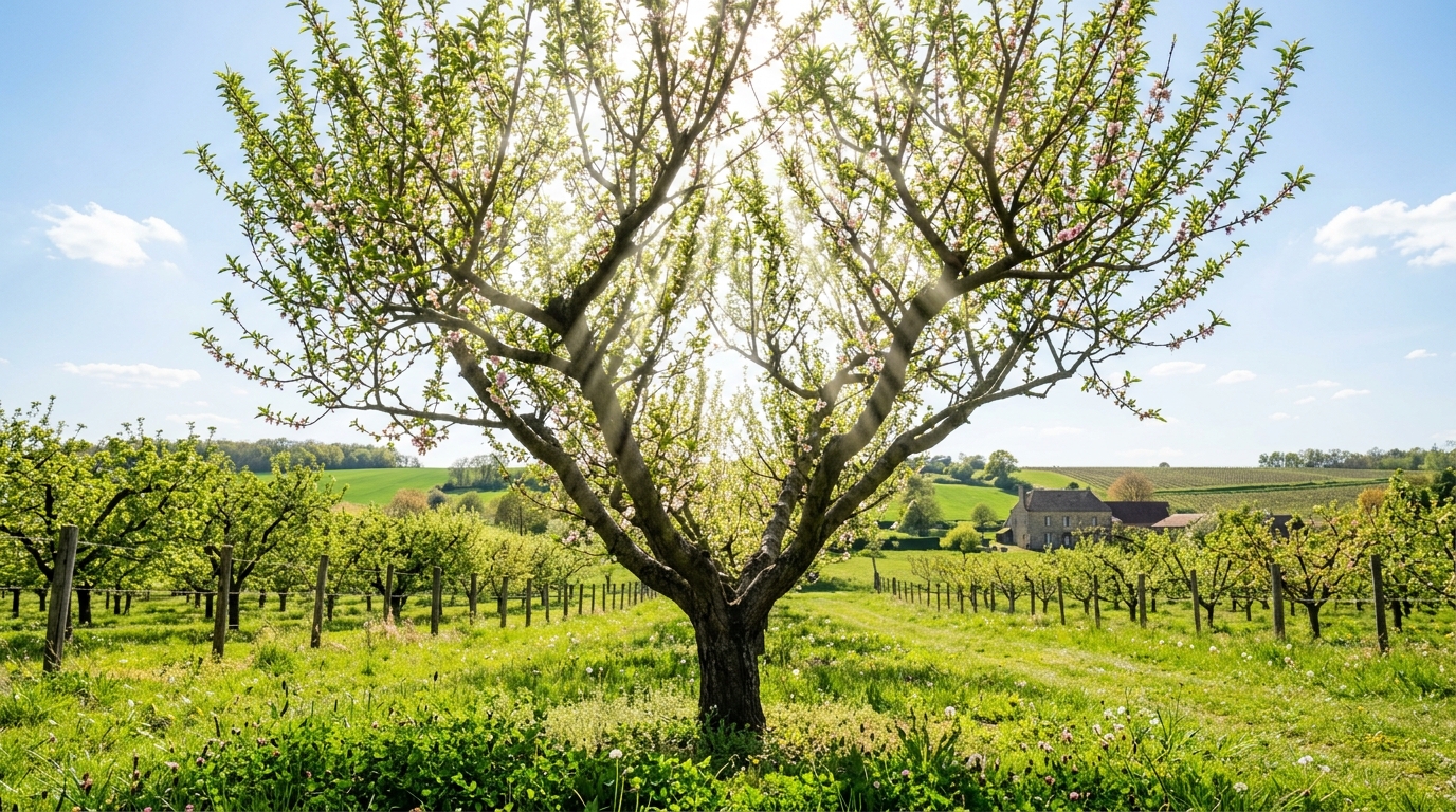Pêcher taillé en gobelet avec un centre aéré laissant passer la lumière du soleil