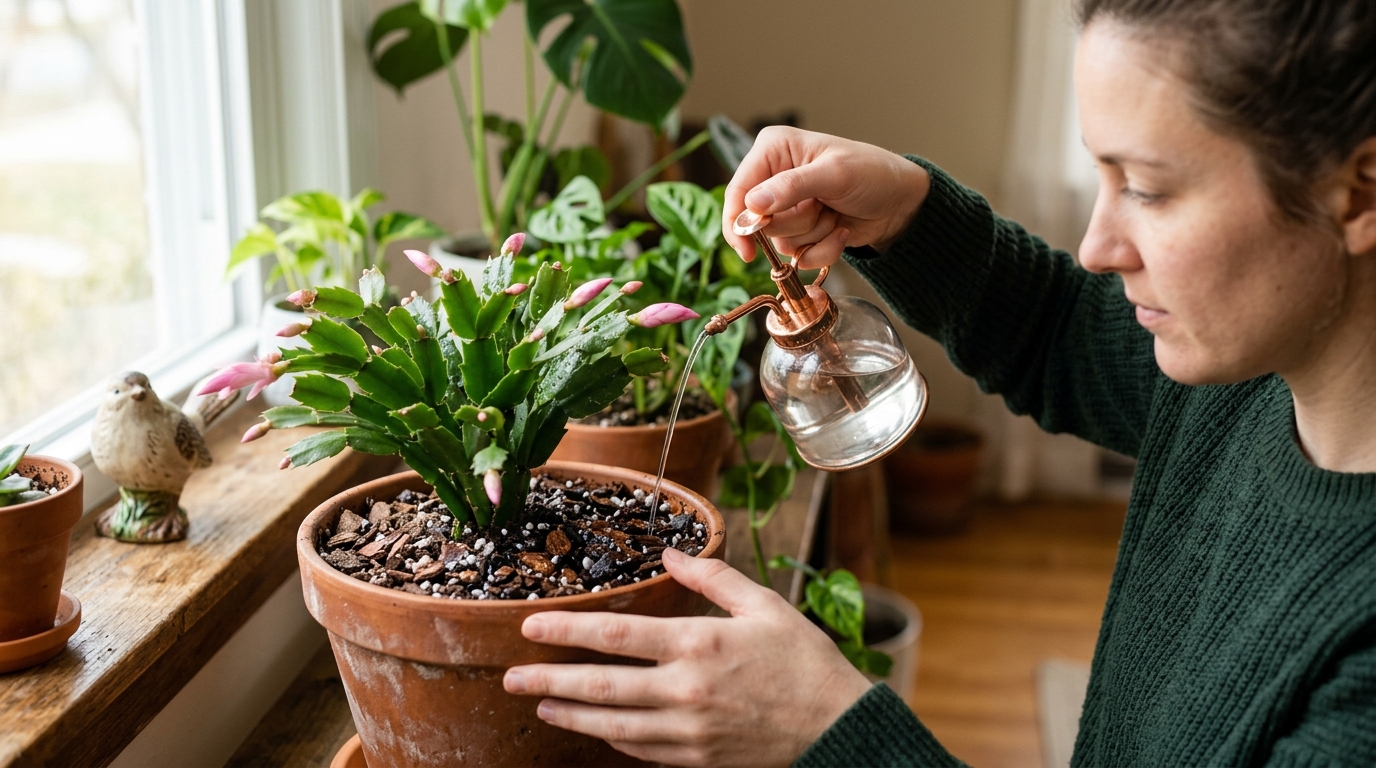 Arrosage modéré d'un cactus de Noël avec un petit arrosoir d'intérieur