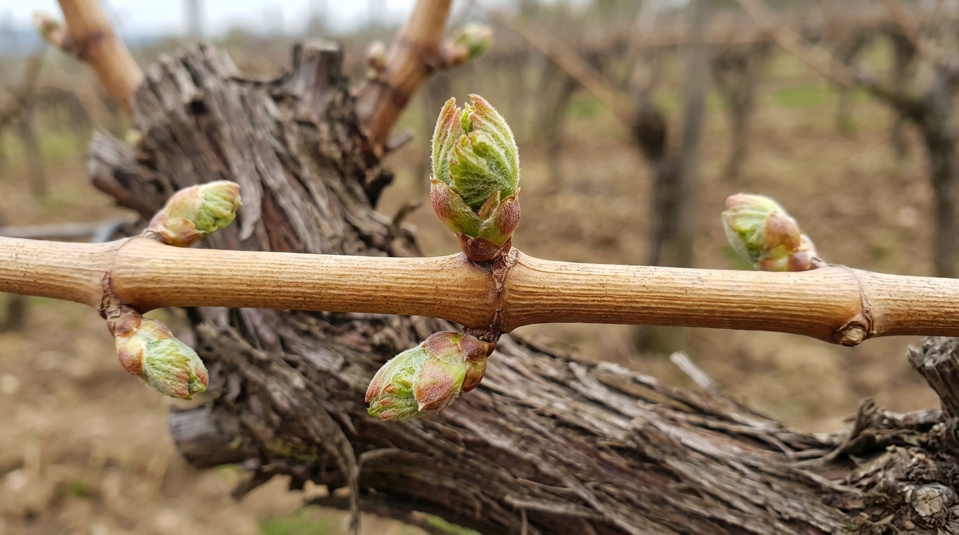 Gros plan sur les bourgeons fertiles d'un sarment de vigne d'un an