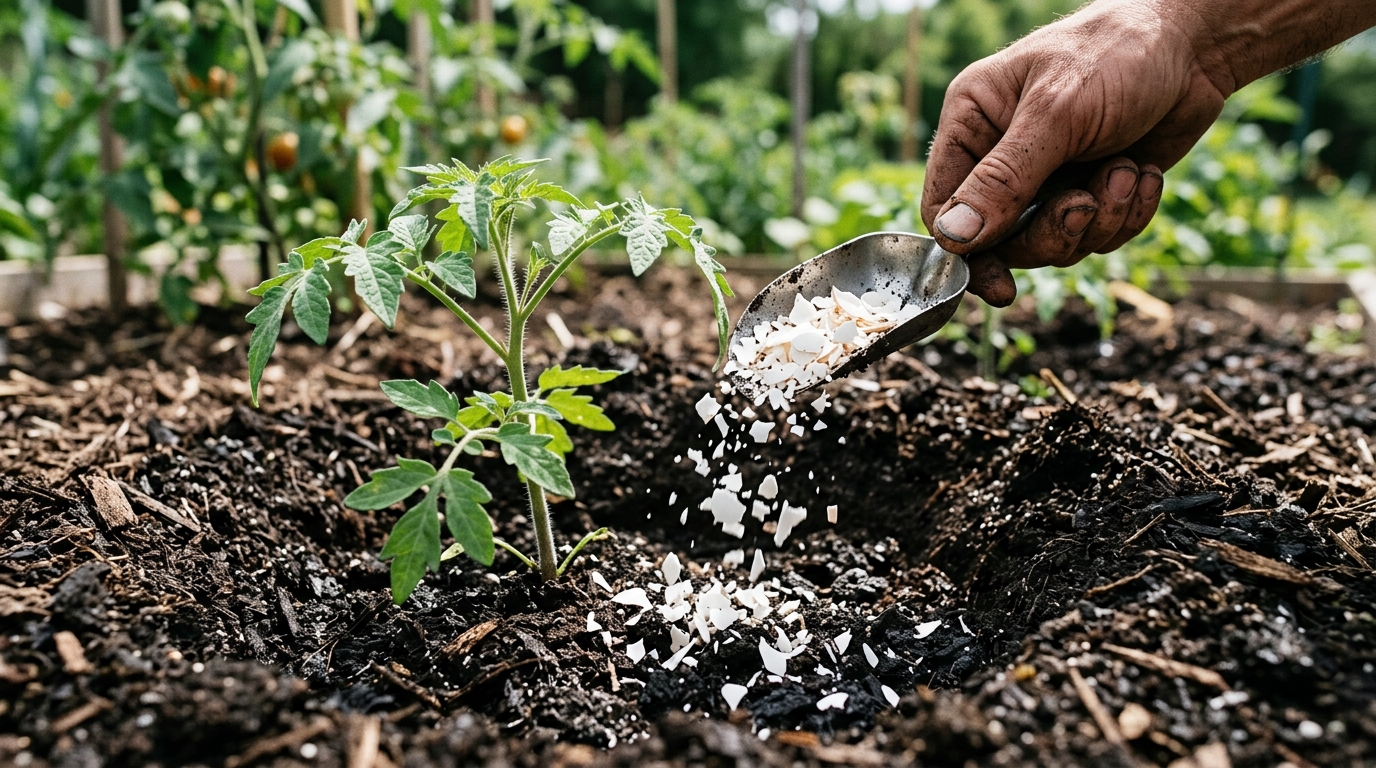 Coquilles d'œufs broyées ajoutées à la terre pour apporter du calcium