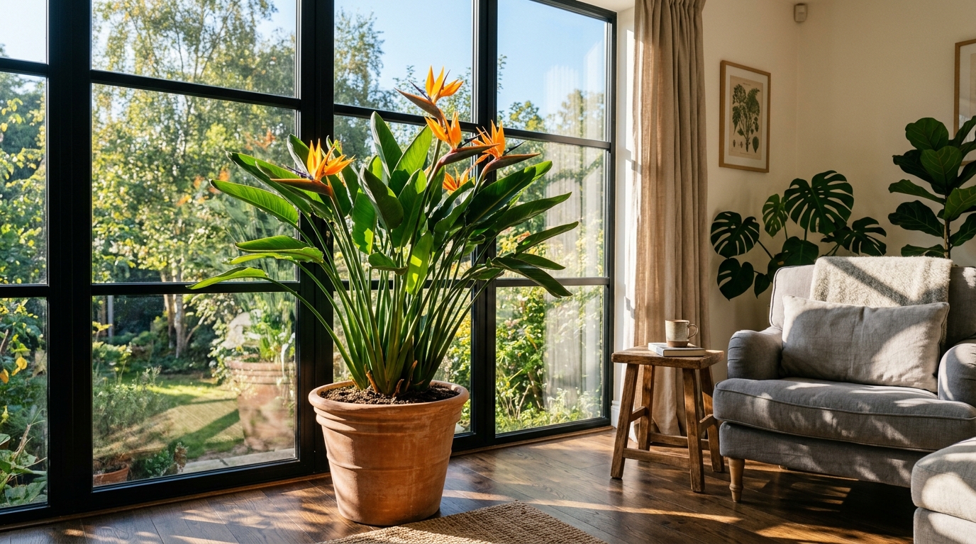 Plante oiseau du paradis placée devant une grande baie vitrée ensoleillée