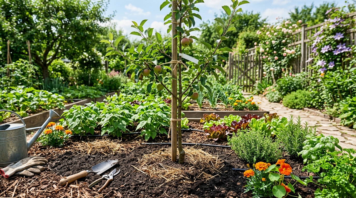 Jeune arbre fruitier planté dans un sol bien drainé et ensoleillé