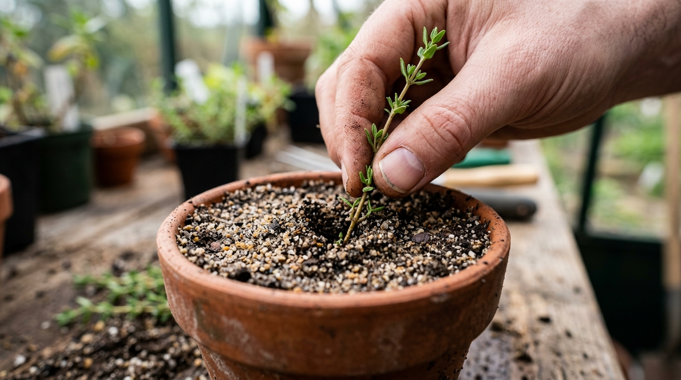Plantation d'une bouture de thym dans un substrat drainant de sable et terreau