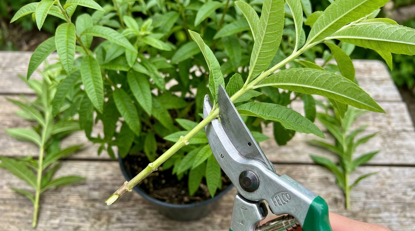 Coupe nette au sécateur et préparation des feuilles pour la bouture