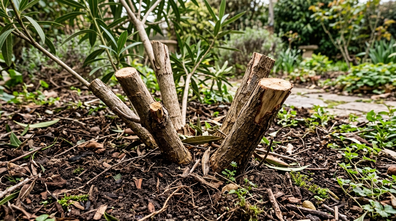 Rabattage sévère d'un vieux laurier rose avec des coupes nettes à 20 cm du sol