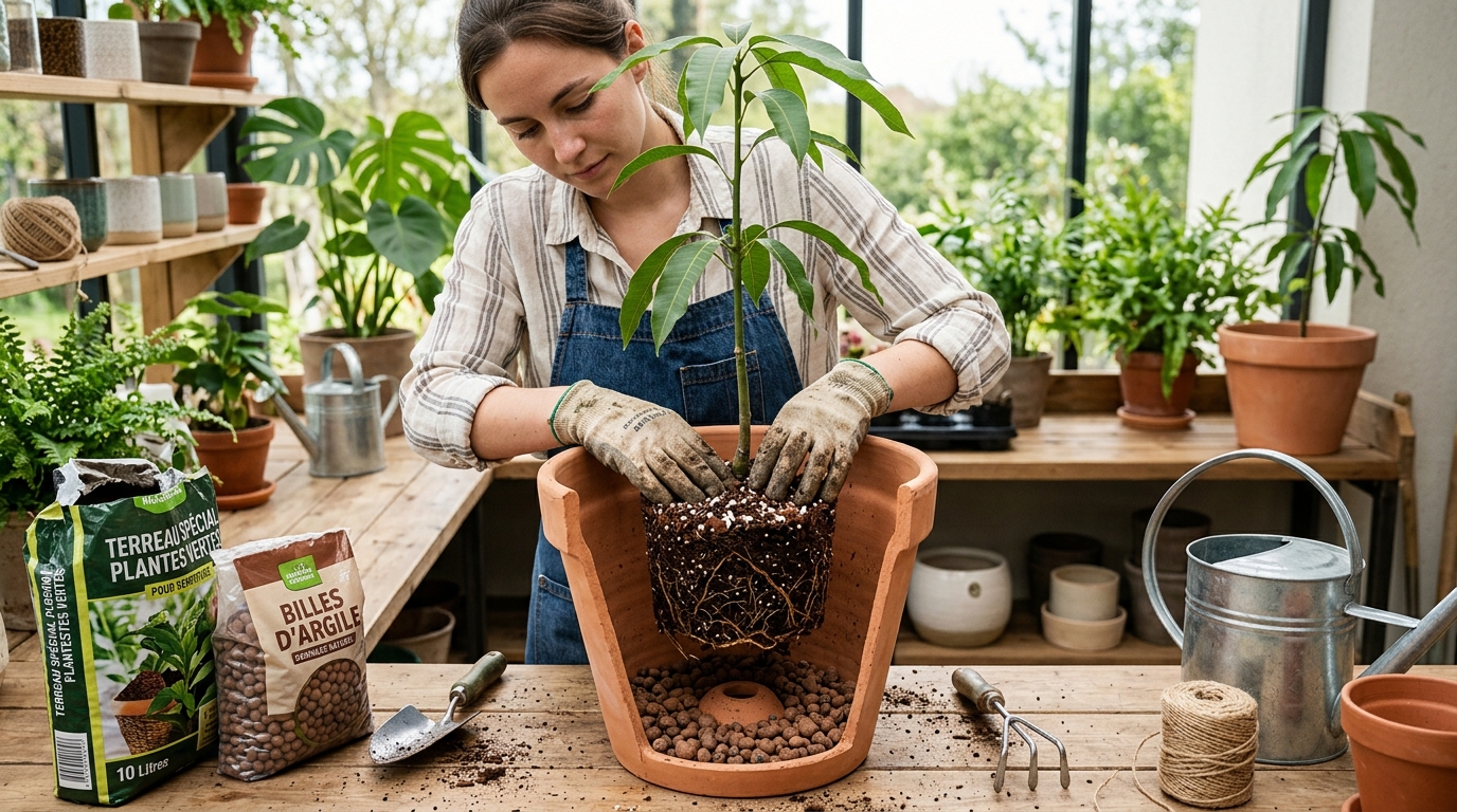 Rempotage d'un jeune manguier dans un grand pot en terre cuite avec billes d'argile