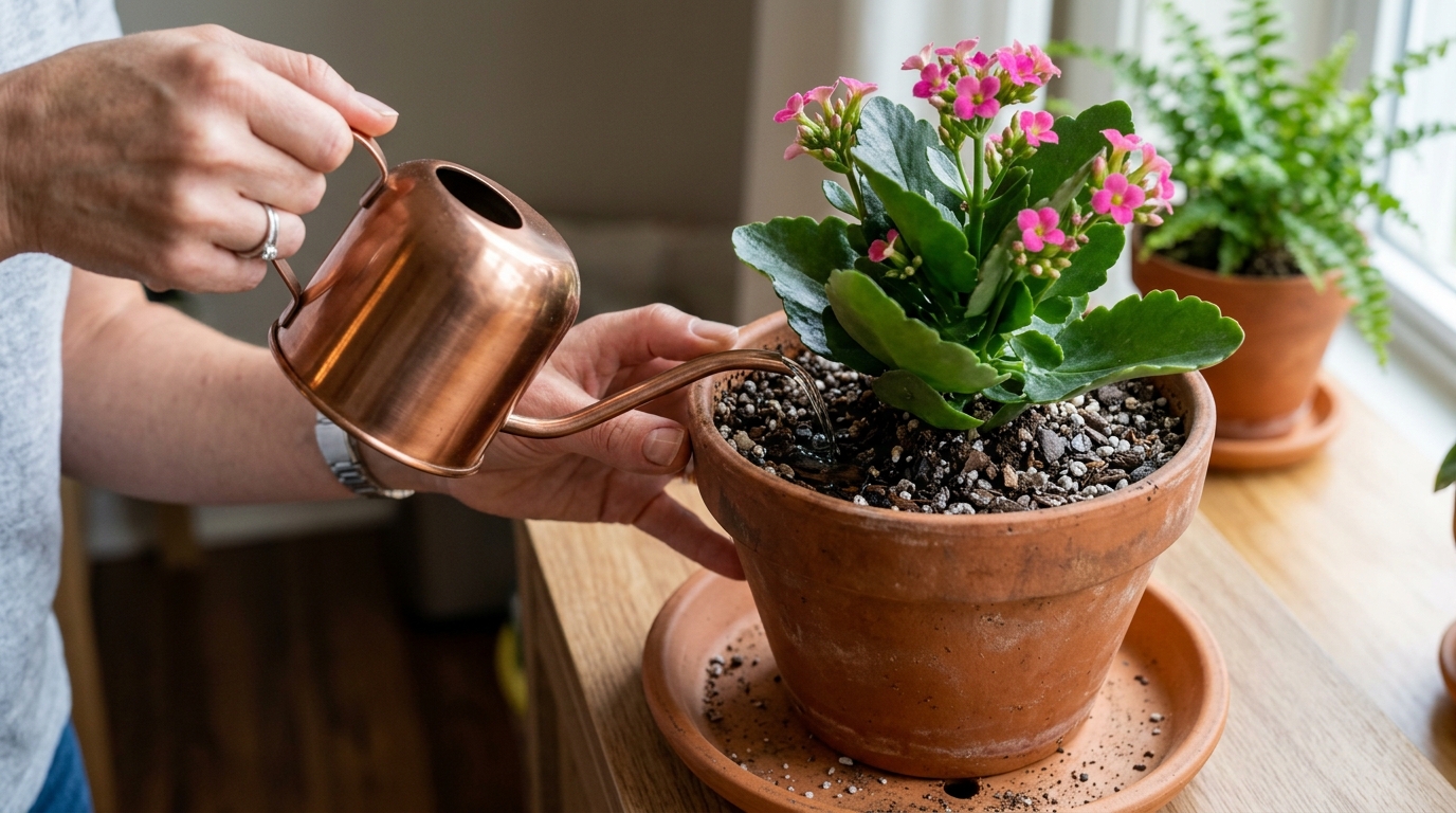 Arrosage précis d'un Kalanchoé à la base pour éviter de mouiller le feuillage