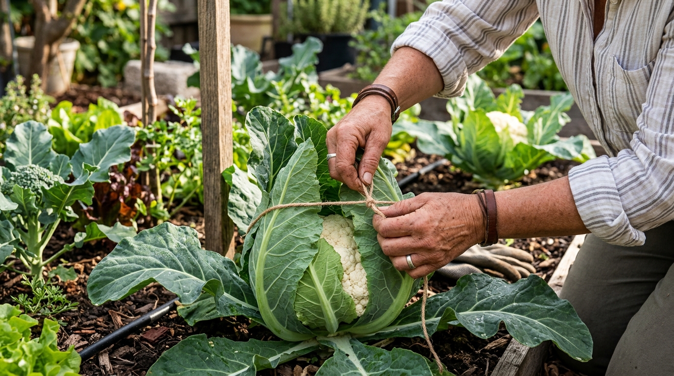 Technique de blanchiment du chou-fleur en attachant les feuilles extérieures