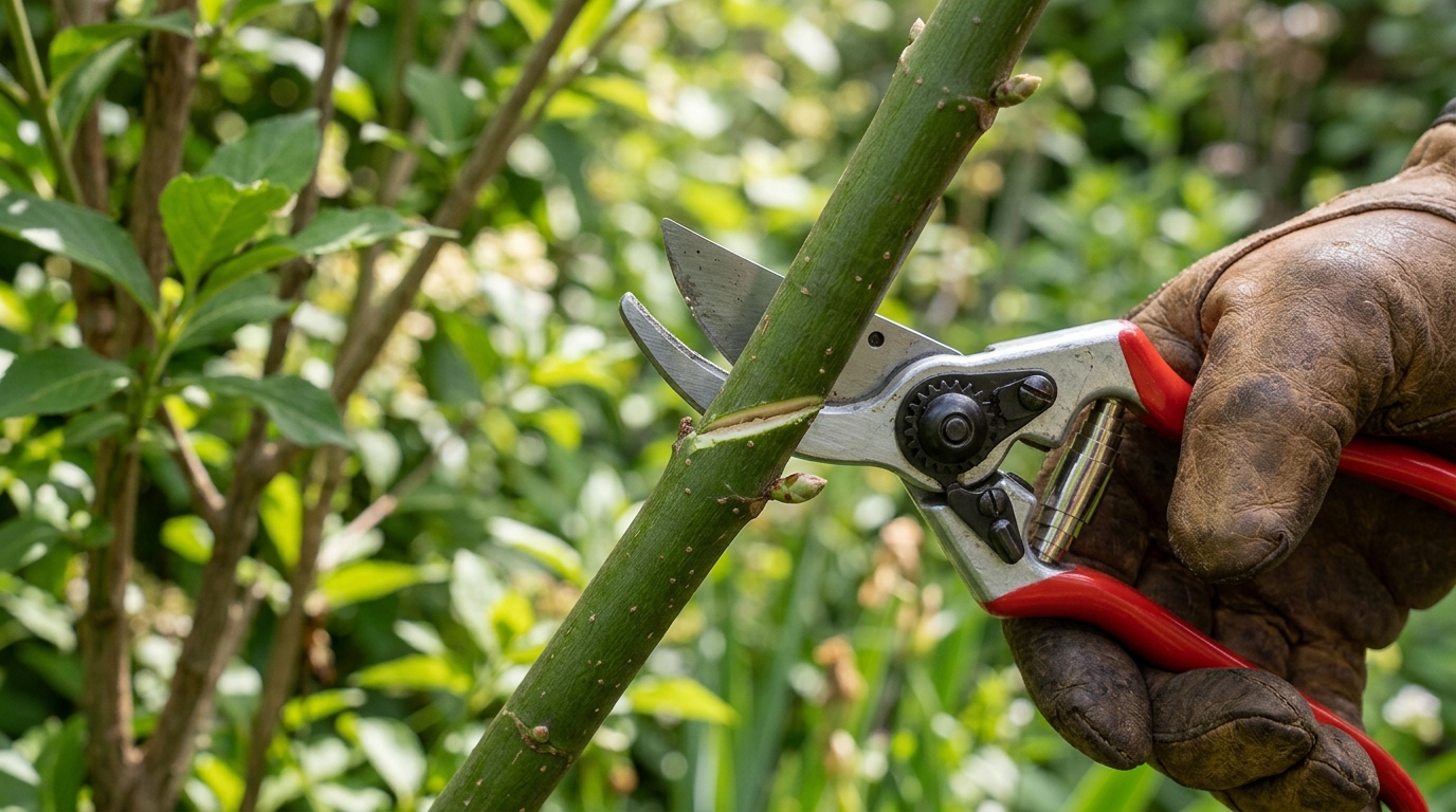 Sécateur effectuant une coupe en biais à 45 degrés au-dessus d'un bourgeon