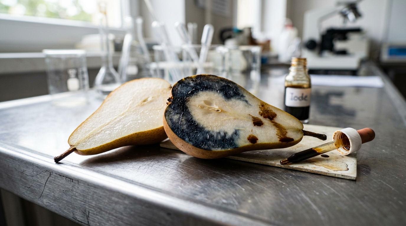 Test à l'iode sur une poire pour vérifier la transformation de l'amidon en sucre