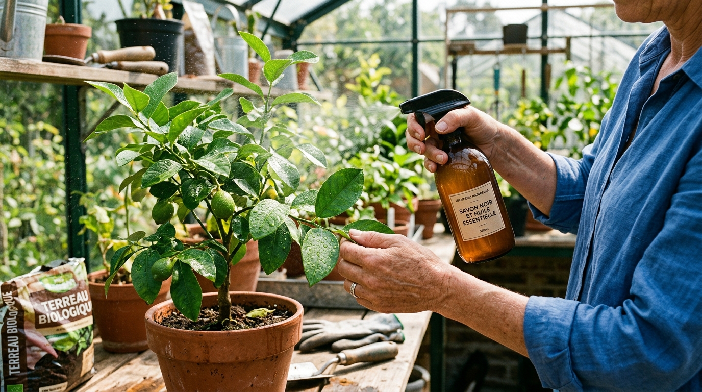 Pulvérisation de savon noir naturel sur les feuilles d'un citronnier