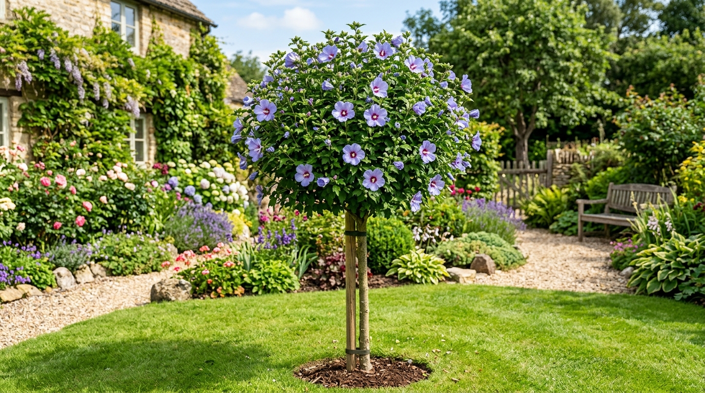 Althéa taillé en forme sur tige dans un jardin paysager