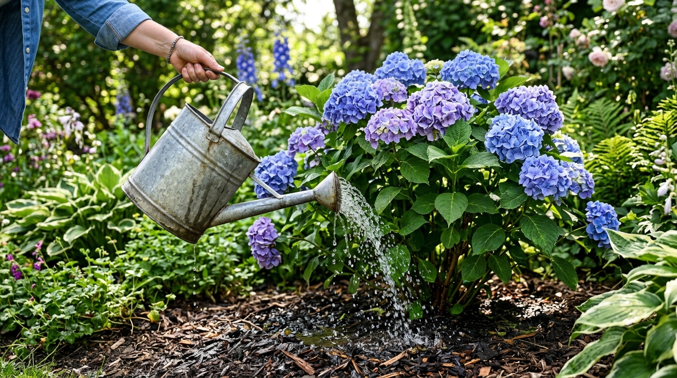 Arrosage d'un hortensia bleu avec de l'eau de pluie pure