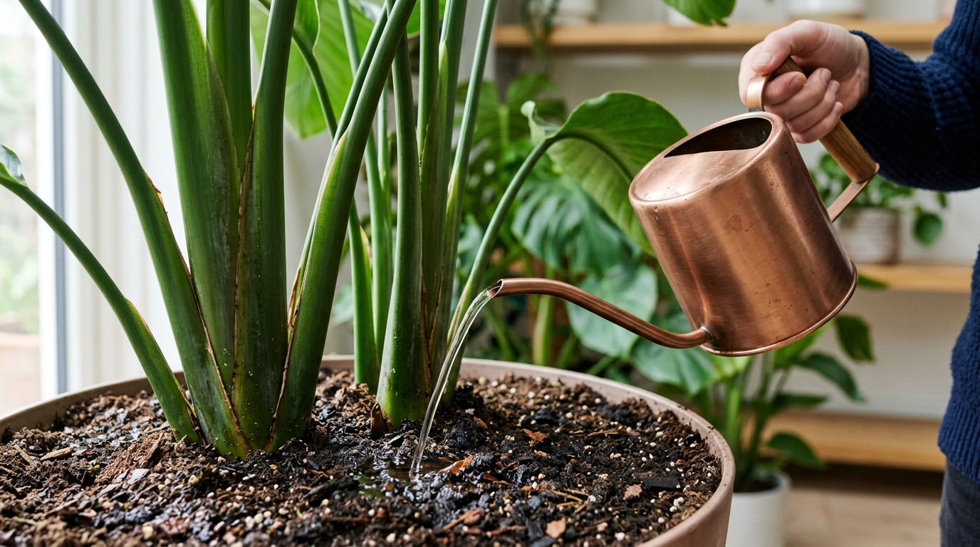 Arrosage précis à la base d'un oiseau du paradis avec un arrosoir en métal