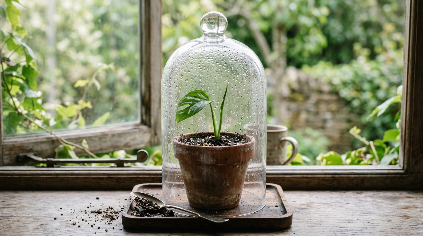 Bouture d'oranger du Mexique sous cloche en verre avec condensation