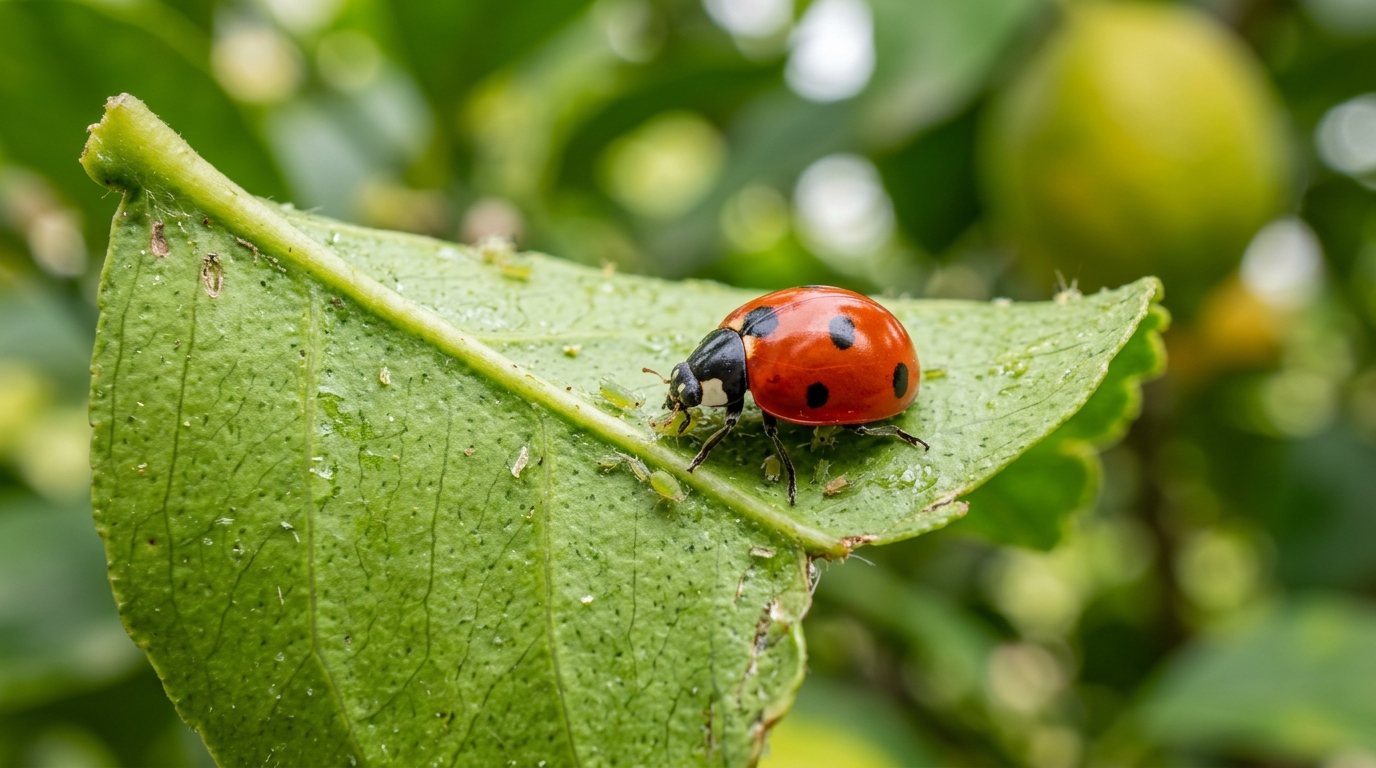 Coccinelle rouge chassant des parasites sur une feuille de citronnier